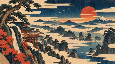 雲海に佇む朱の寺院と夕日 thumbnail