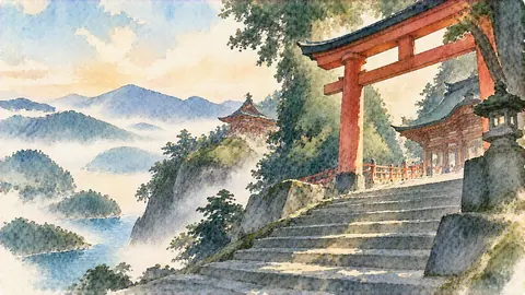 霧に包まれた山間の神社参道 thumbnail