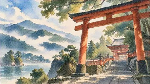 霧に包まれた湖畔の神社参道 thumbnail