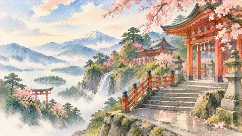 霧に浮かぶ桜の神社景観 thumbnail