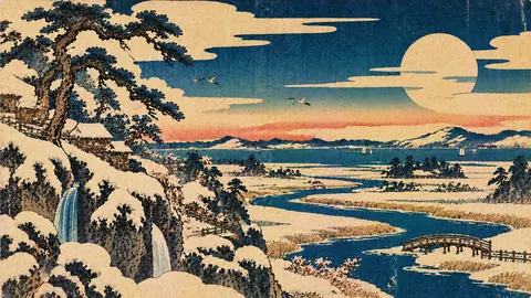 雪景色の川辺と大きな月 thumbnail