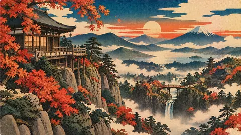 紅葉に包まれた山寺と富士 thumbnail