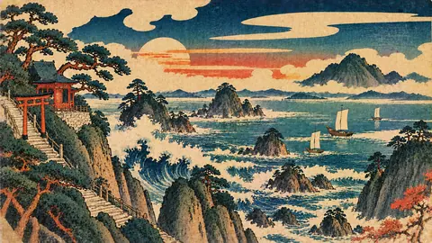 荒波と遠島の浮世絵風海岸風景 thumbnail