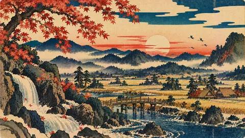 紅葉渓流と朝焼けの山里 thumbnail