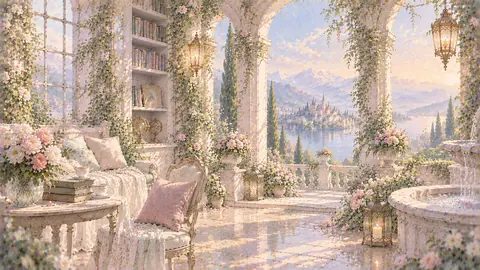 花咲く回廊から望む湖畔の夕景 thumbnail
