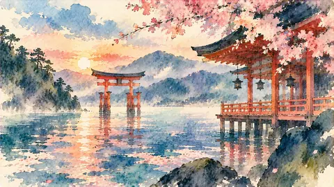 桜舞う水辺の神社と鳥居 thumbnail