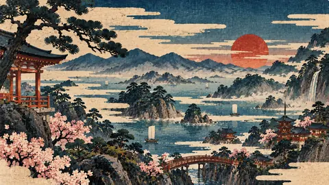 霧と紅日を望む浮世絵の海景 thumbnail