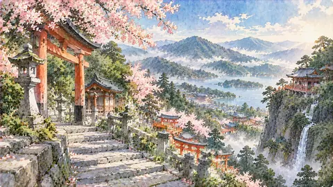 桜舞う山間の神社と遠景の湖眺望 thumbnail