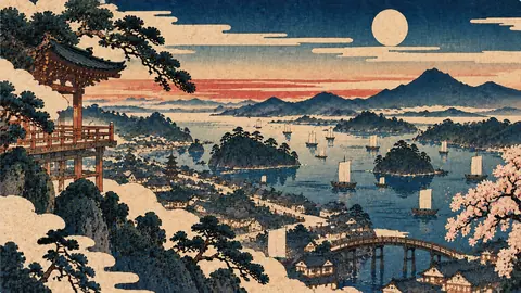 夕暮れの港町と月影の舟 thumbnail