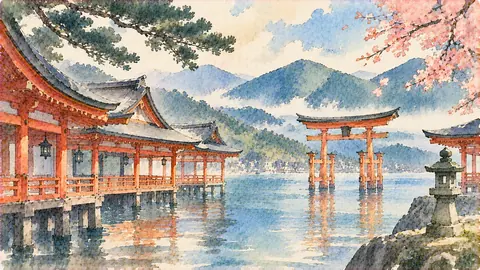 水辺に佇む朱塗りの神社と鳥居 thumbnail