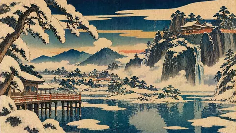雪景色の寺院と滝、木橋の版画風風景 thumbnail
