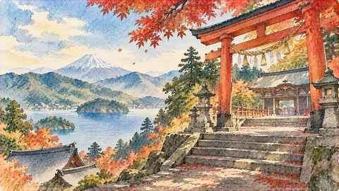 秋の湖畔に佇む朱色の鳥居 thumbnail