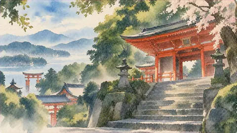 霧深き森の朱色の神社参道 thumbnail