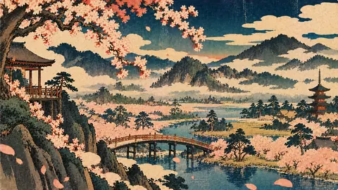 春霞の桜景色と朱橋 thumbnail