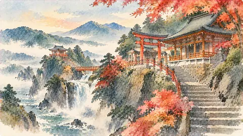 霧に佇む紅葉の山寺と滝 thumbnail