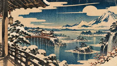 雪景色の渓谷を望む浮世絵風風景 thumbnail