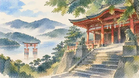 霧の朝、湖畔の神社と鳥居 thumbnail