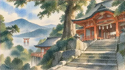 水彩画の山間古社と湖上鳥居 thumbnail