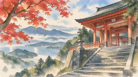紅葉に佇む湖畔の神社参道 thumbnail