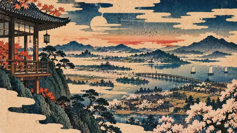 霧に包まれた浮世絵の水郷風景 thumbnail