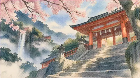 桜舞う神社参道と滝景色 thumbnail