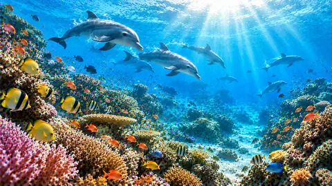 光差す海のイルカと珊瑚礁 thumbnail