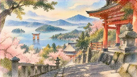 桜と海を望む神社の石段 thumbnail