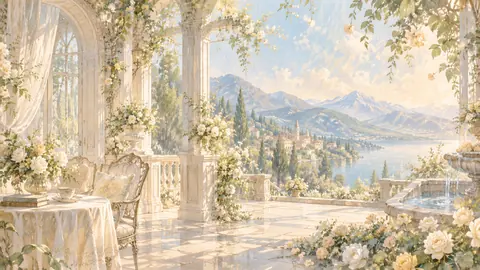湖畔を望む薔薇のテラス thumbnail