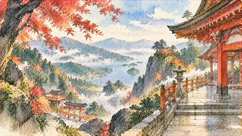 紅葉に包まれた山 shrine と湖の絶景 thumbnail